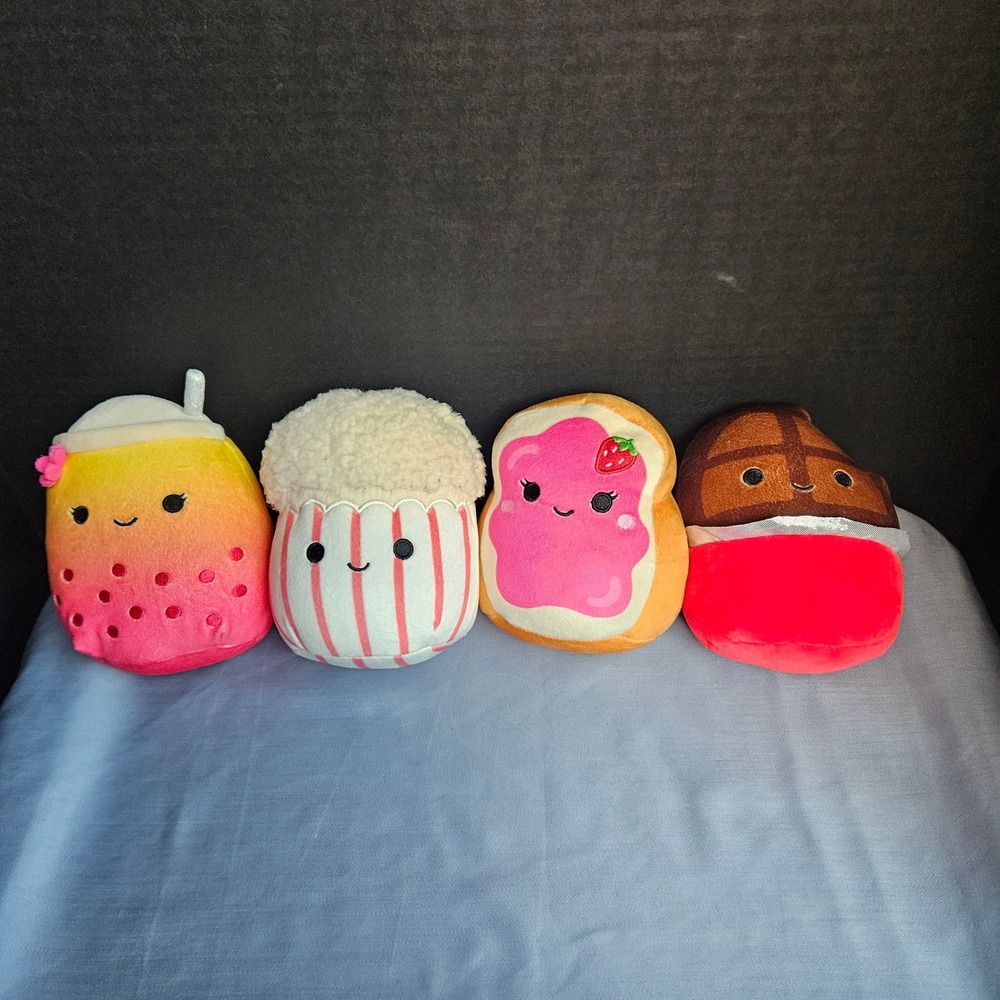 Squishmallows Food Plush Set: Bubble Tea, Popcorn, Toast, Chocolate Snack Pal